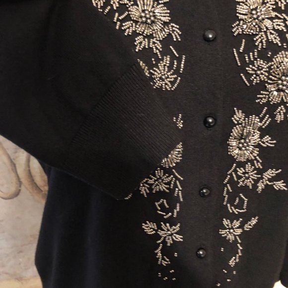 Sz L Spense Silver Beaded Floral Black Cardigan - Picture 7 of 9